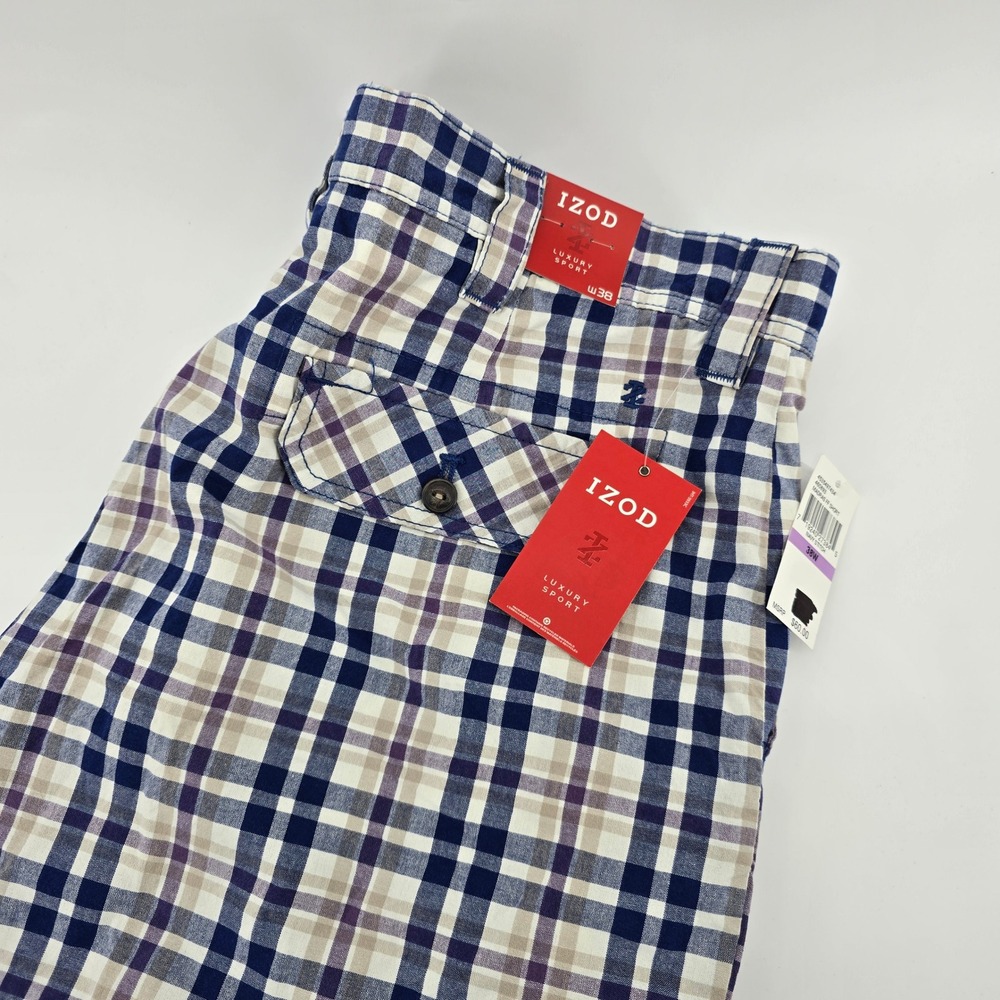 IZOD Madras Shorts Mens Luxury Sport Plaid Flat Front Navy Tan 38W MSRP $60 NEW
